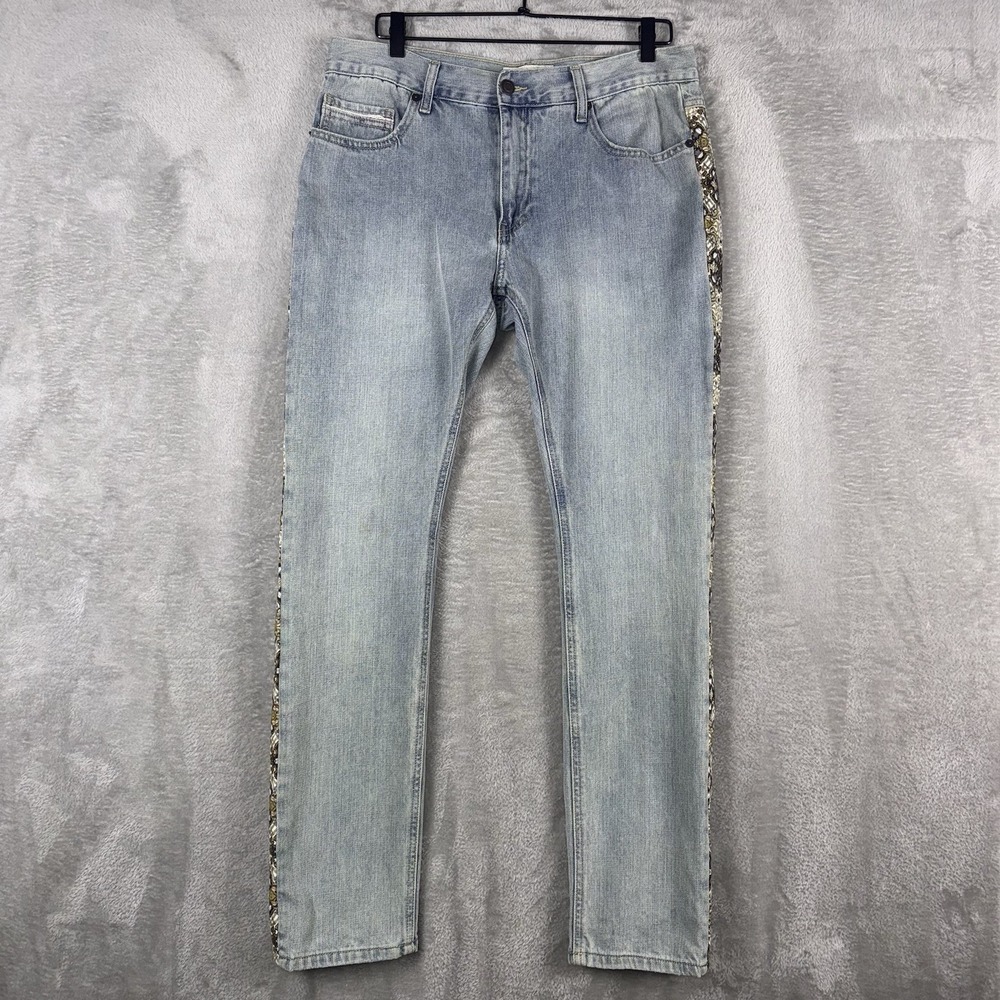 Sun Stone‎ Jeans Womens 32 Light Blue Straight Leg Brown Patch Design Side Panel
